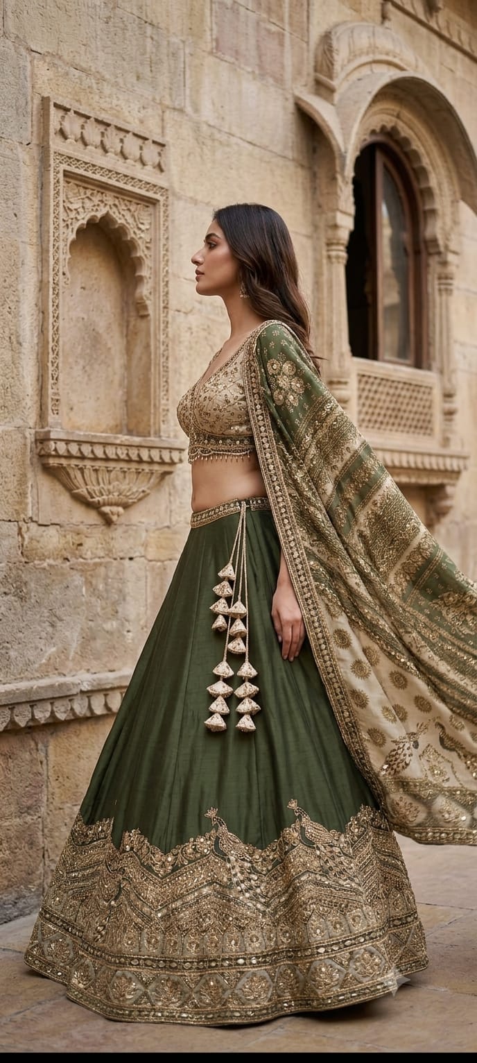 Olive Green Crepe Lehenga with heavy dori embroidery.