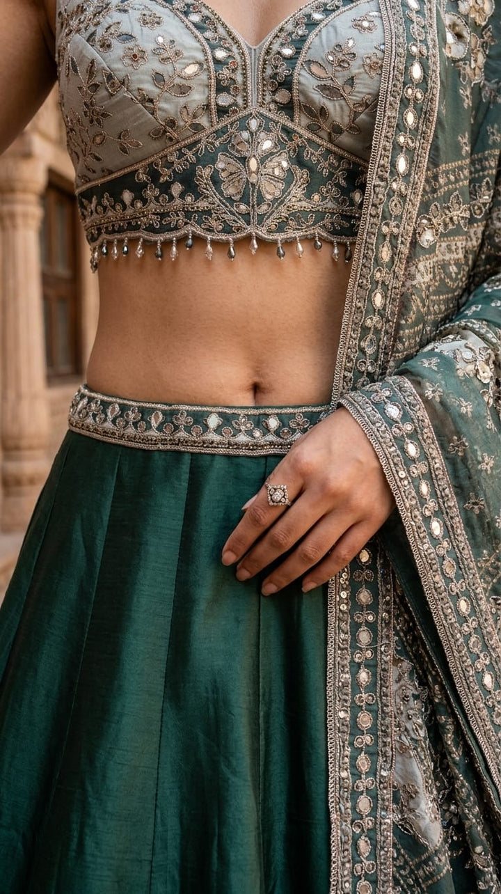 Olive Green Crepe Lehenga with heavy dori embroidery.