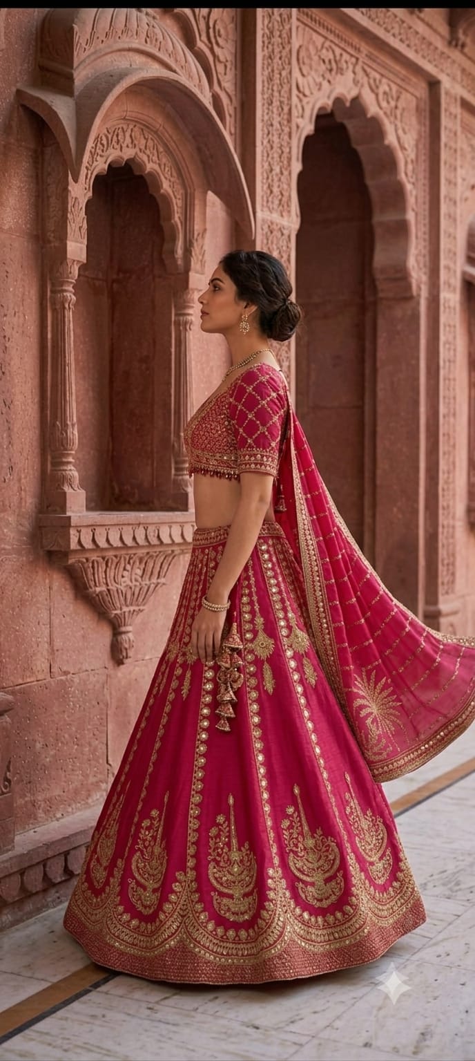 Rani Pink Crepe Lehenga with heavy dori embroidery and printed detailing.