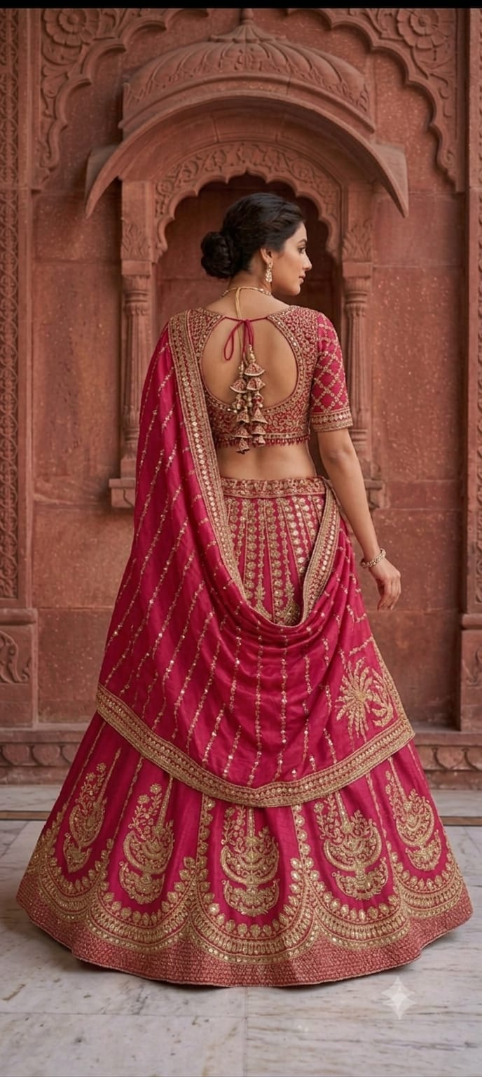 Rani Pink Crepe Lehenga with heavy dori embroidery and printed detailing.