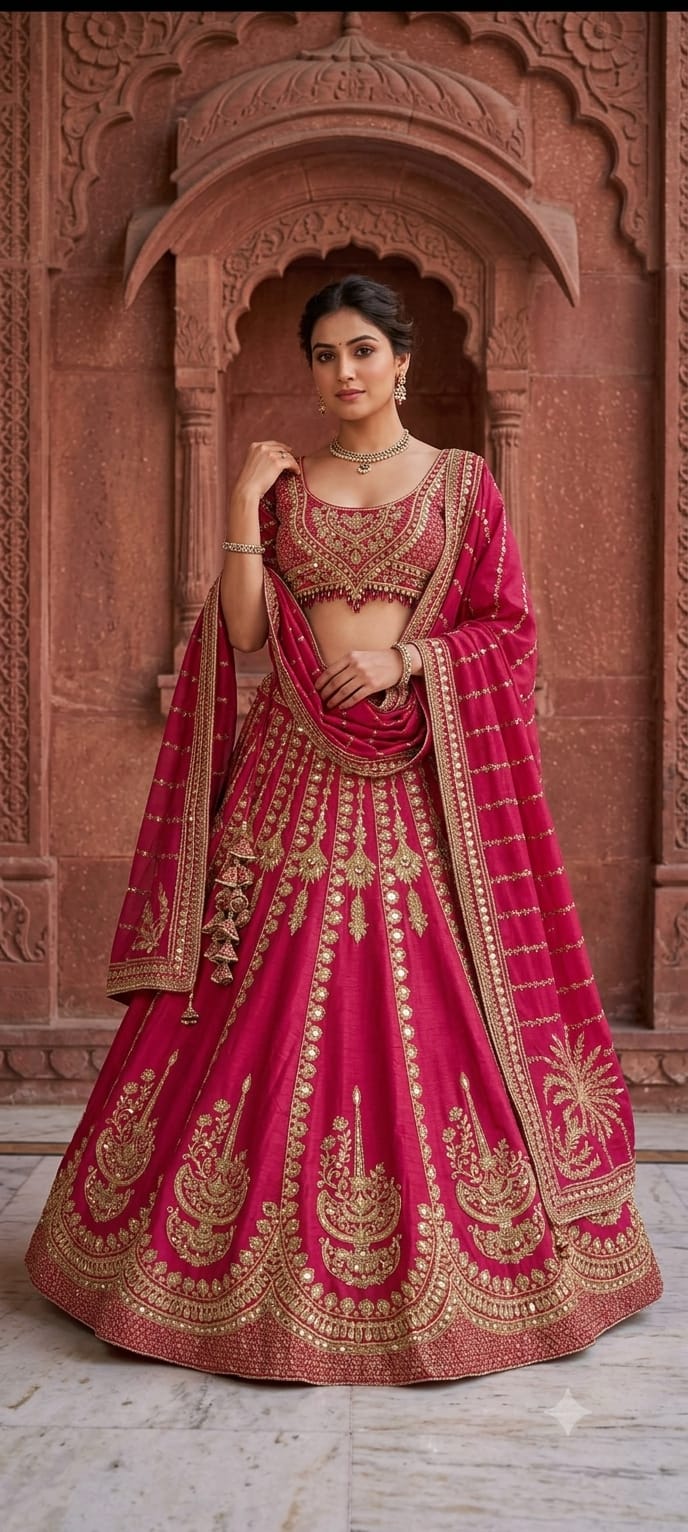 Rani Pink Crepe Lehenga with heavy dori embroidery and printed detailing.