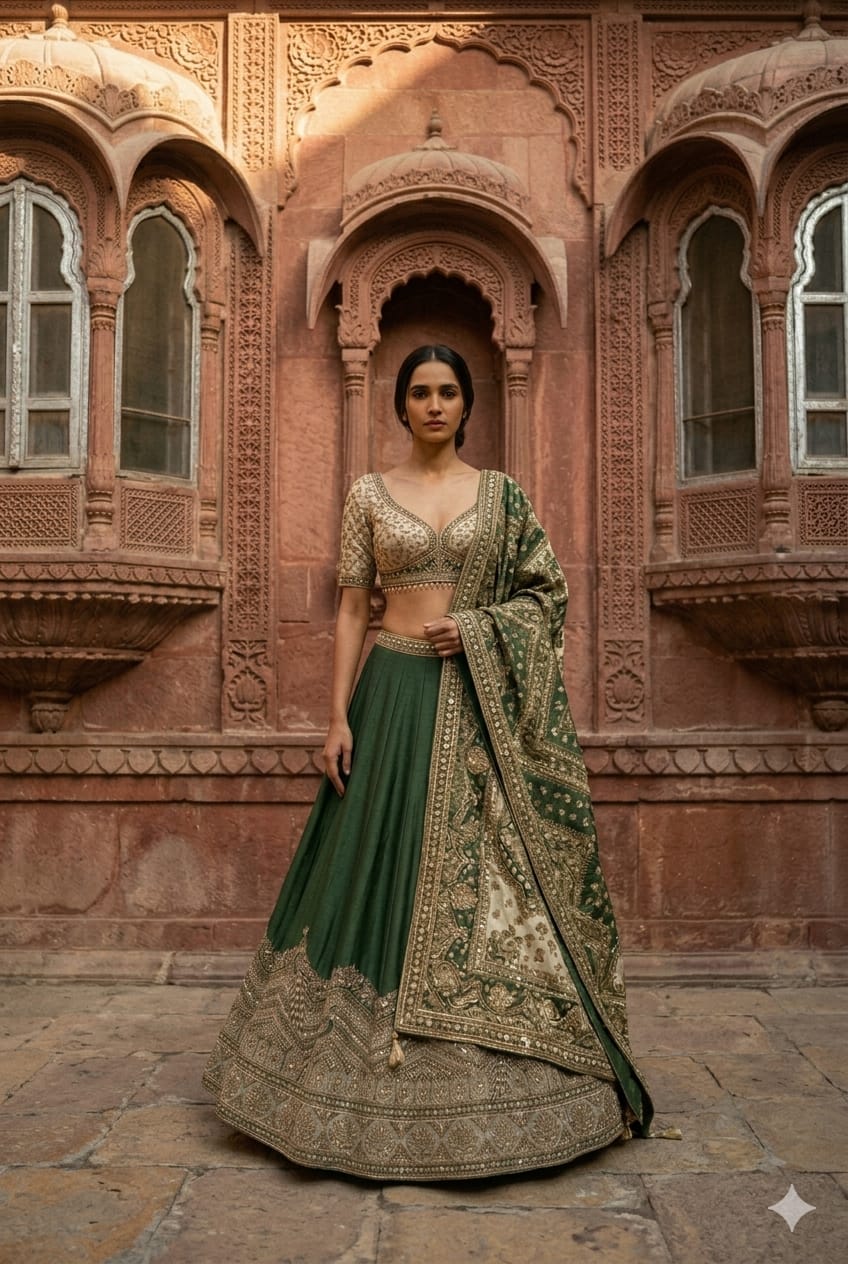 Olive Green Crepe Lehenga with heavy dori embroidery.