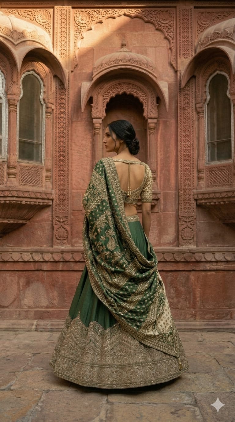 Olive Green Crepe Lehenga with heavy dori embroidery.