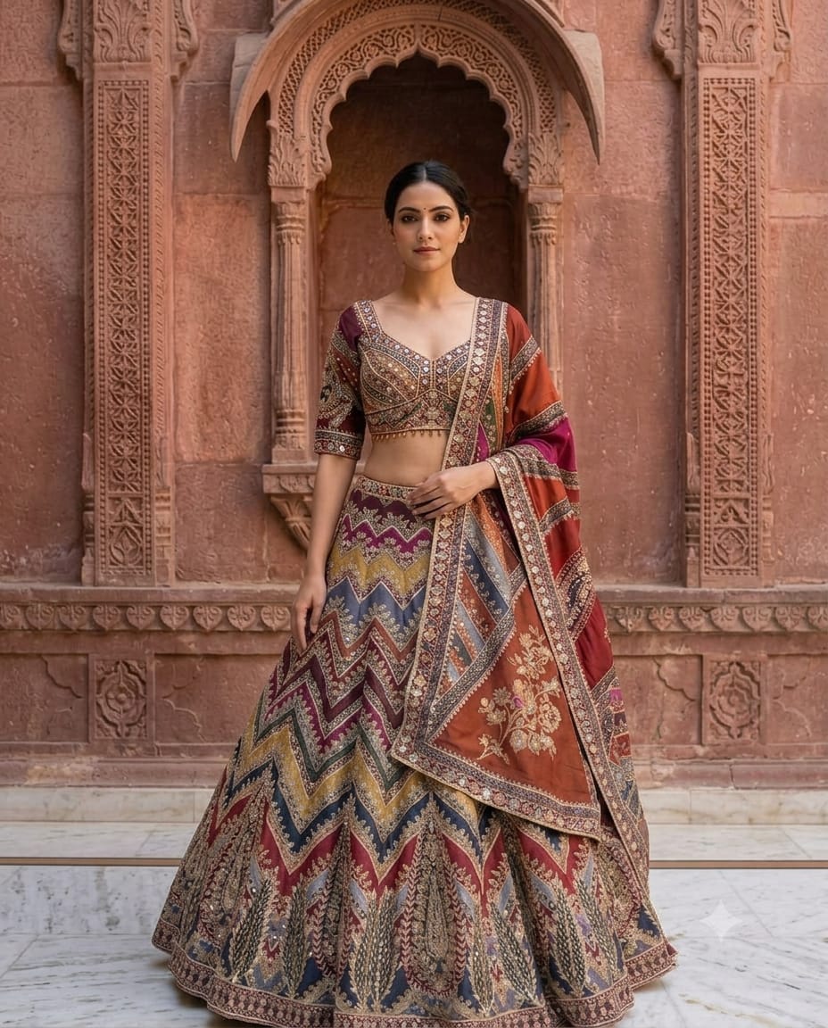 **Multi-Color Crepe Lehenga with heavy dori embroidery.**