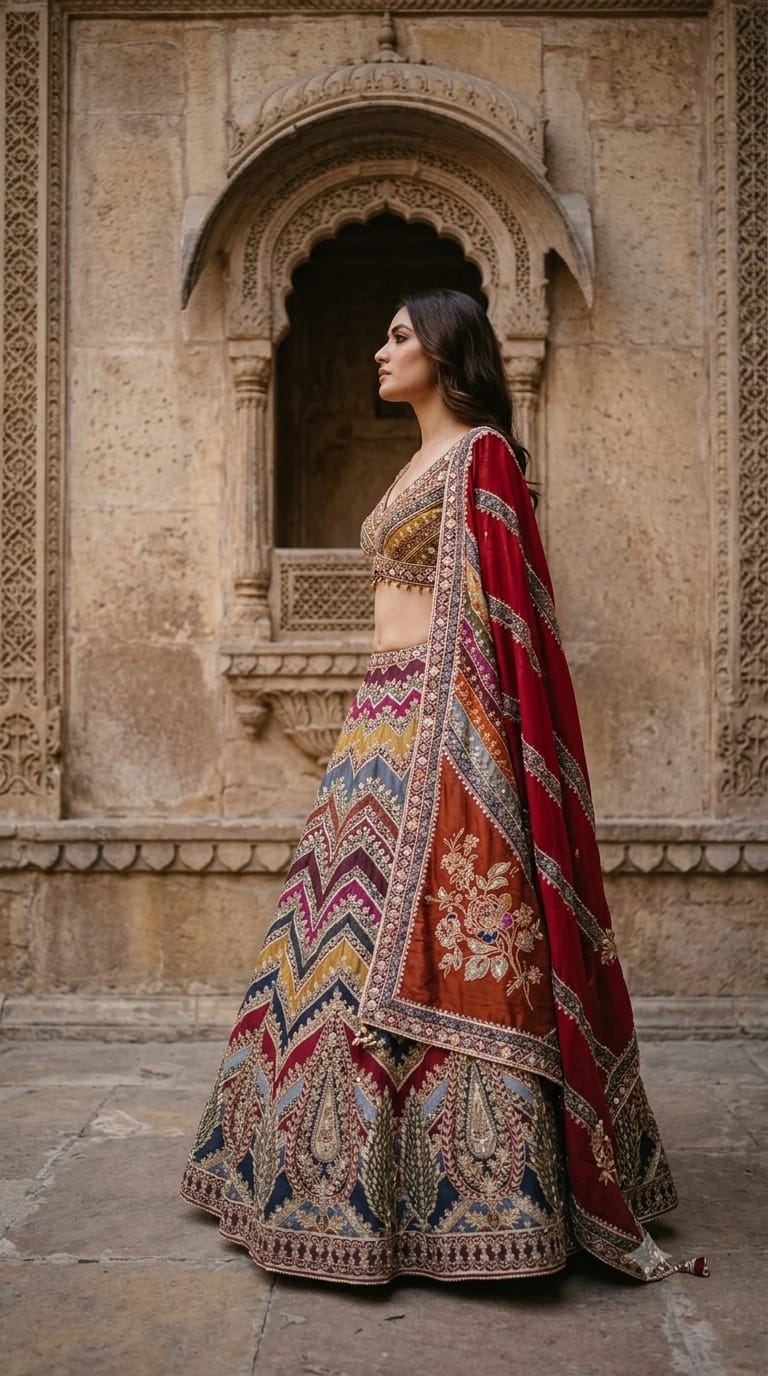 **Multi-Color Crepe Lehenga with heavy dori embroidery.**