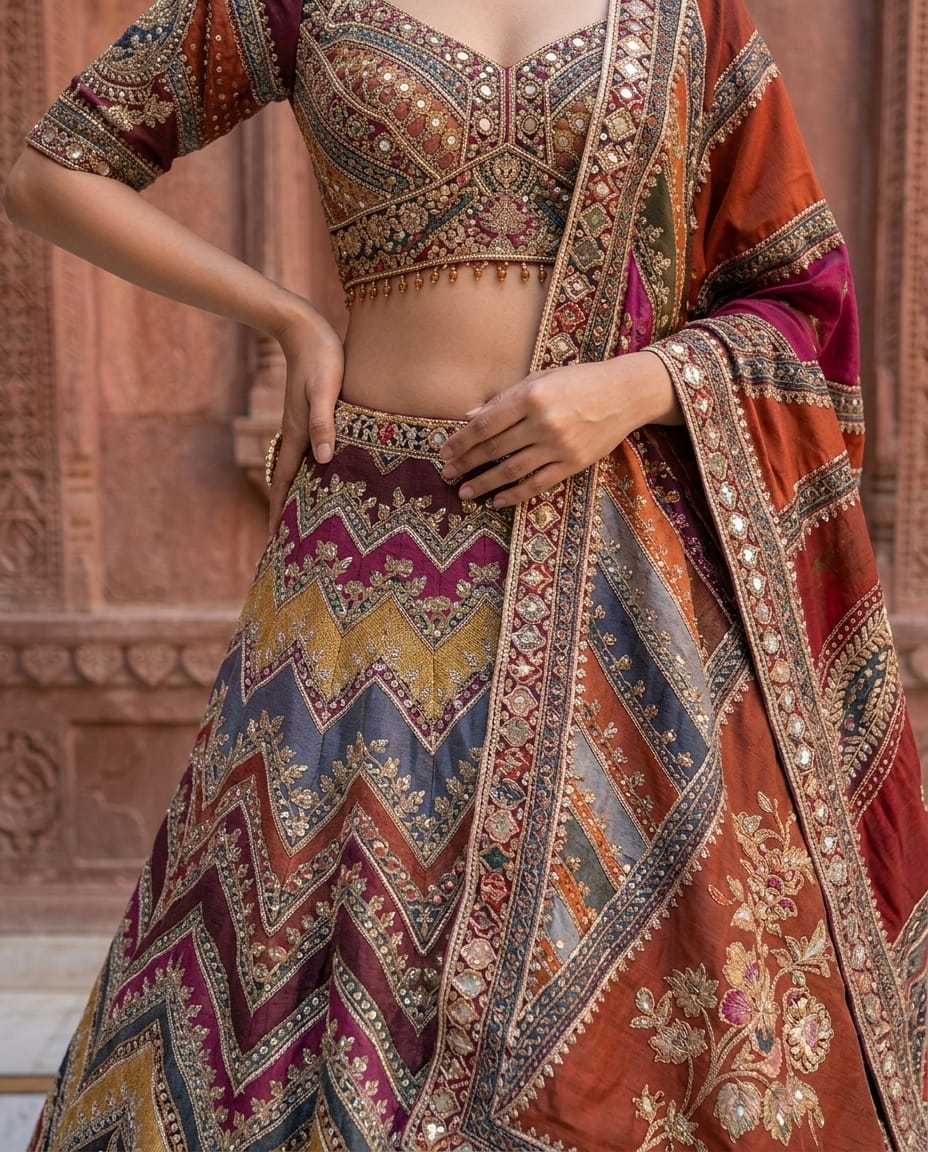 **Multi-Color Crepe Lehenga with heavy dori embroidery.**
