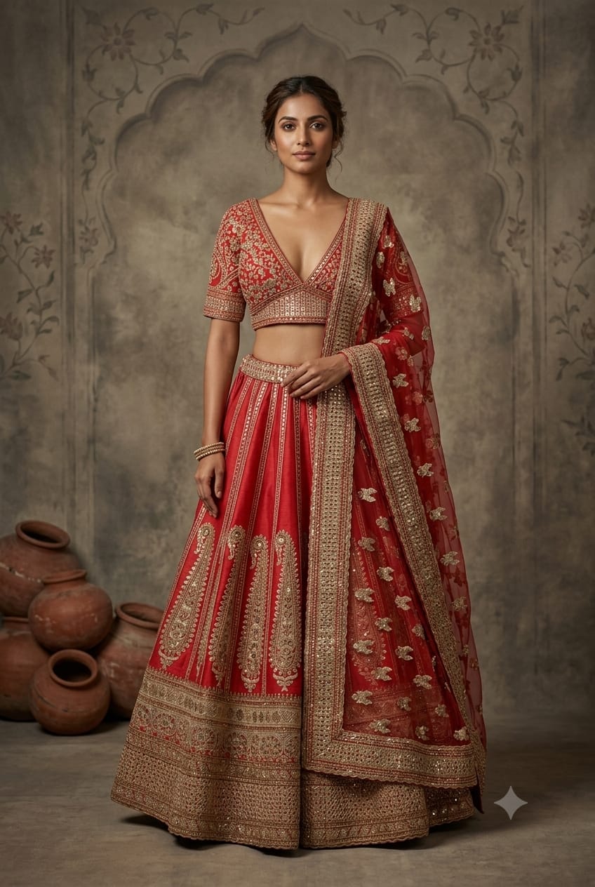 Red Raw Silk Lehenga Featuring Heavy Zari and Sequin Work