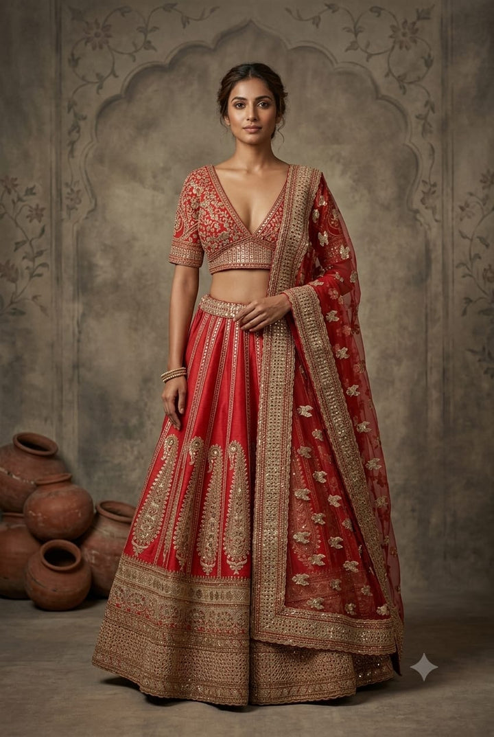 Red Raw Silk Lehenga Featuring Heavy Zari and Sequin Work