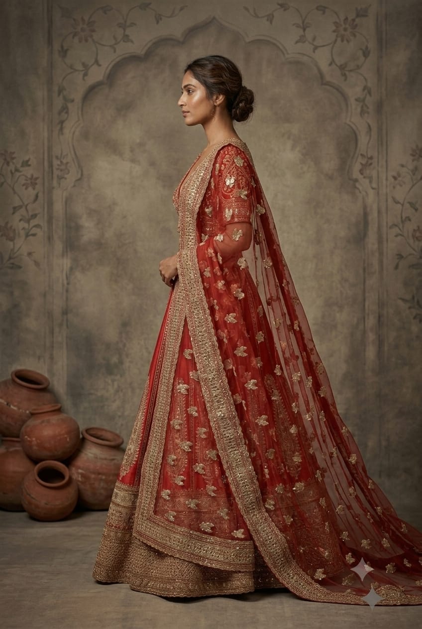 Red Raw Silk Lehenga Featuring Heavy Zari and Sequin Work