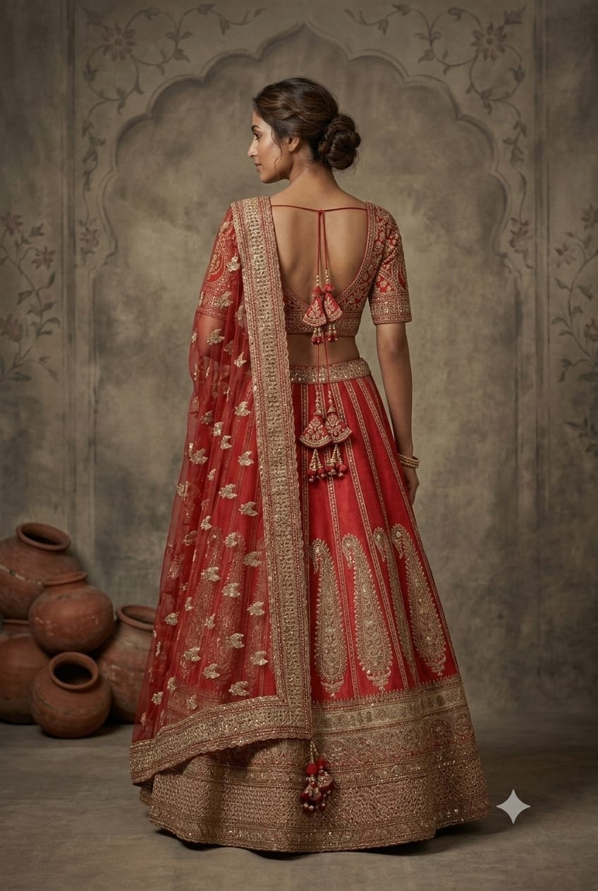 Red Raw Silk Lehenga Featuring Heavy Zari and Sequin Work