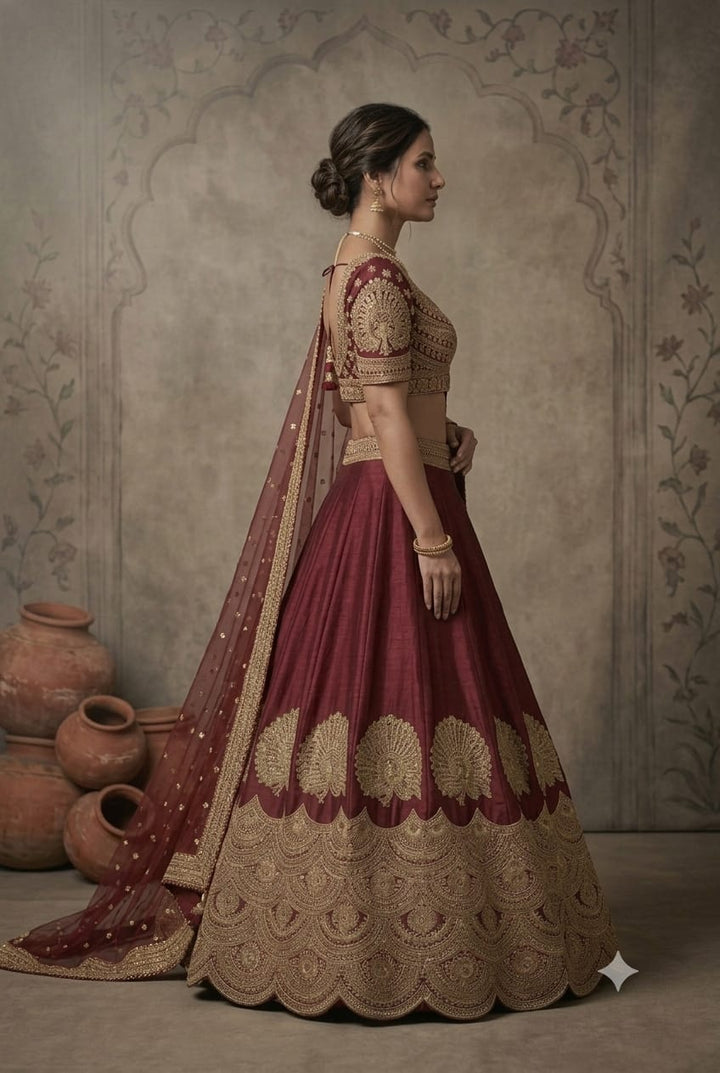 Royal Dark Mehroon Embroidered  Bridal Lehenga