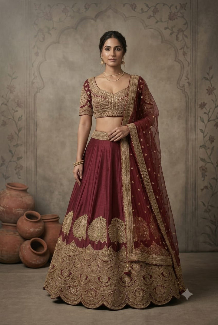 Royal Dark Mehroon Embroidered  Bridal Lehenga
