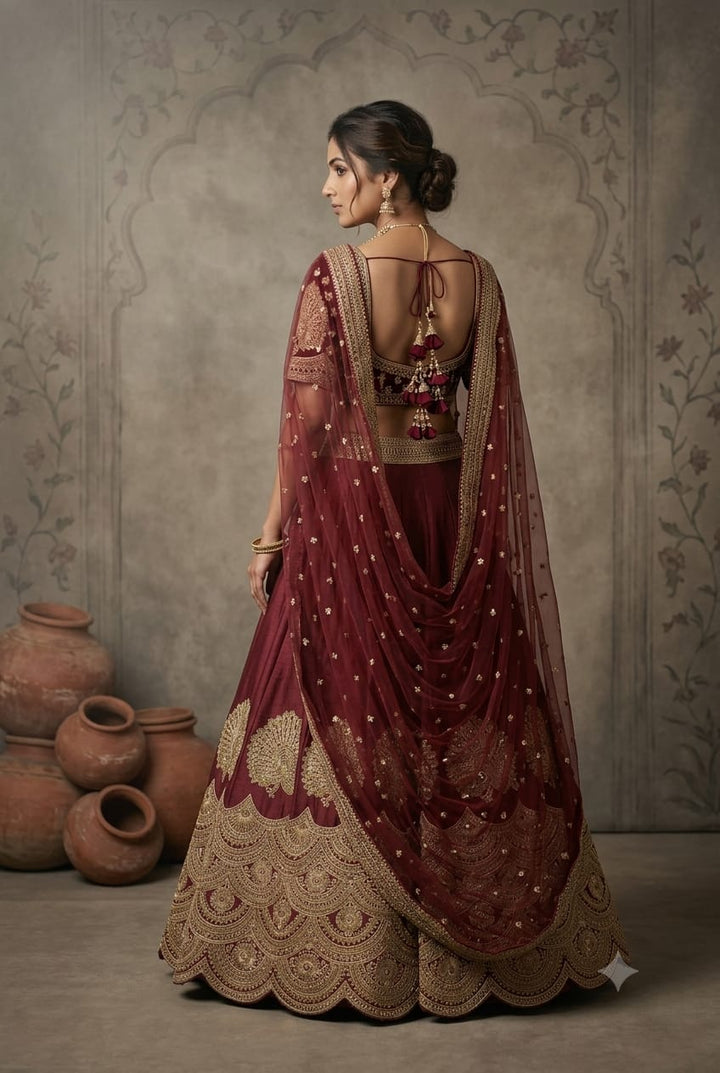 Royal Dark Mehroon Embroidered  Bridal Lehenga