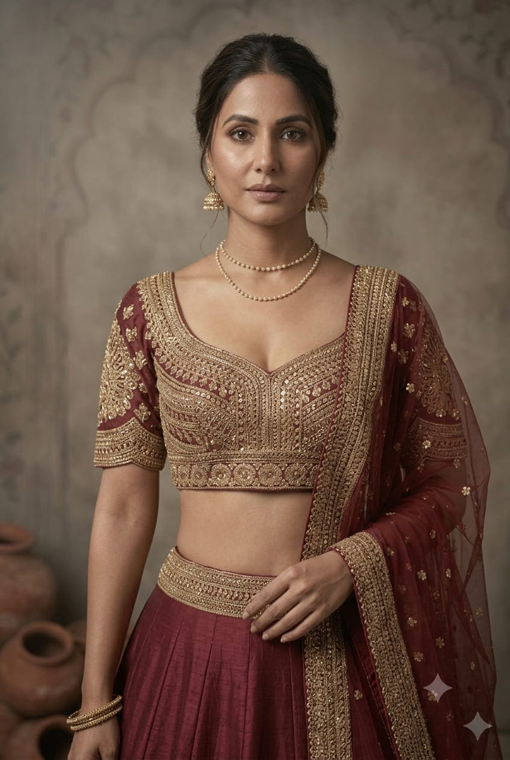 Royal Dark Mehroon Embroidered  Bridal Lehenga