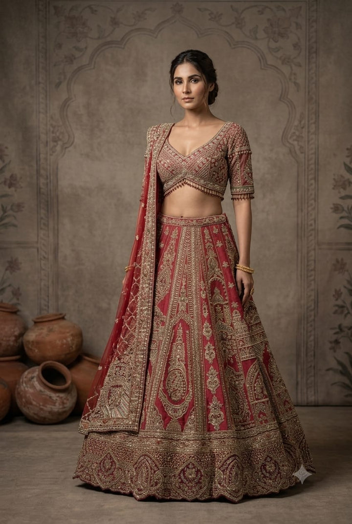 Premium Cherry Red Raw Silk Lehenga Featuring Heavy Zari