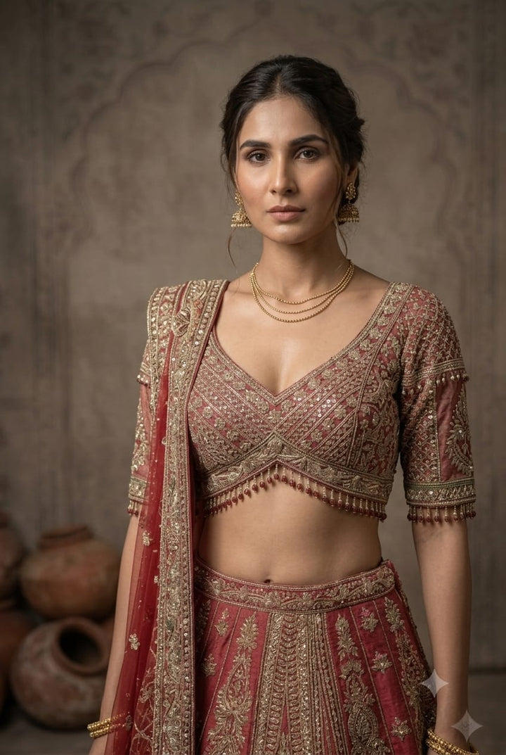 Premium Cherry Red Raw Silk Lehenga Featuring Heavy Zari