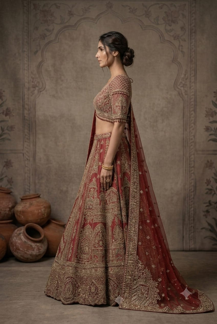 Premium Cherry Red Raw Silk Lehenga Featuring Heavy Zari