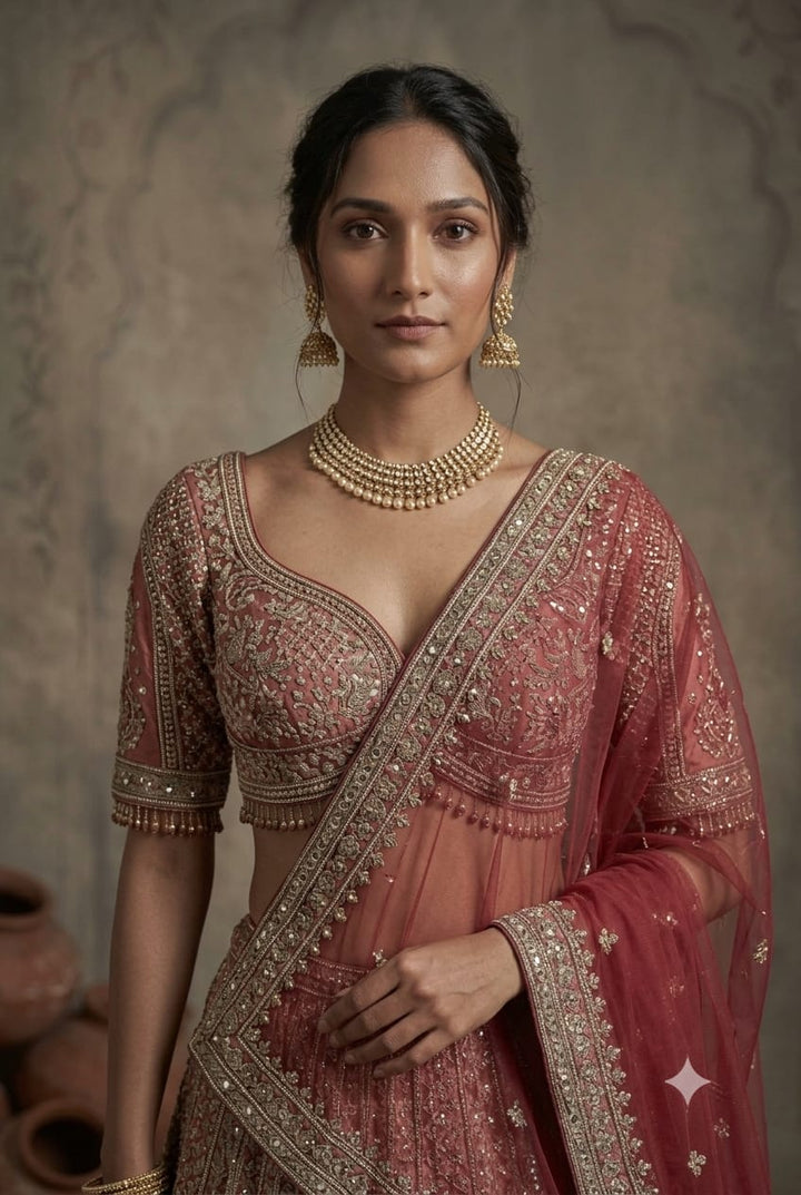 Royal Dusty Rose Raw Silk Embroidered Lehenga