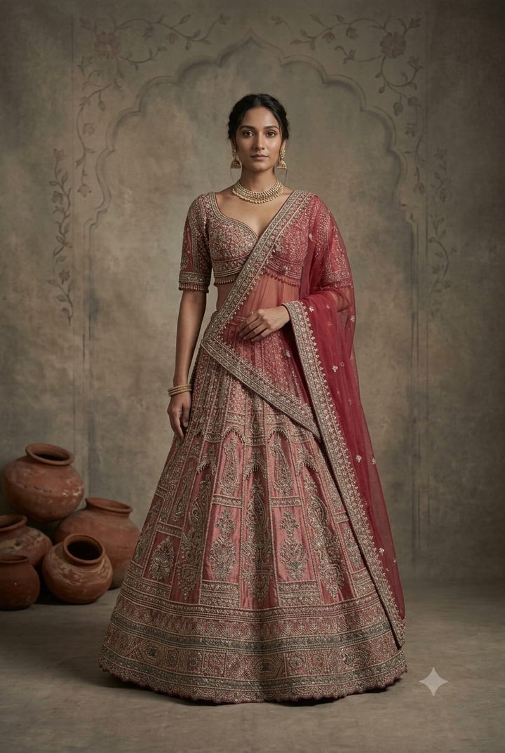 Royal Dusty Rose Raw Silk Embroidered Lehenga