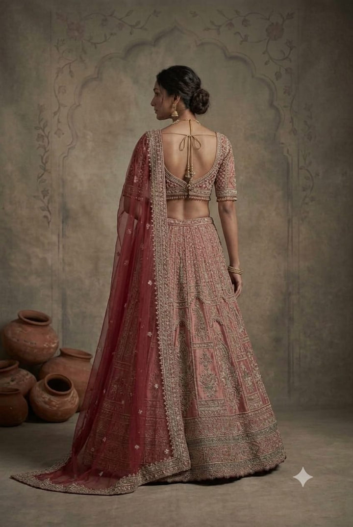 Royal Dusty Rose Raw Silk Embroidered Lehenga