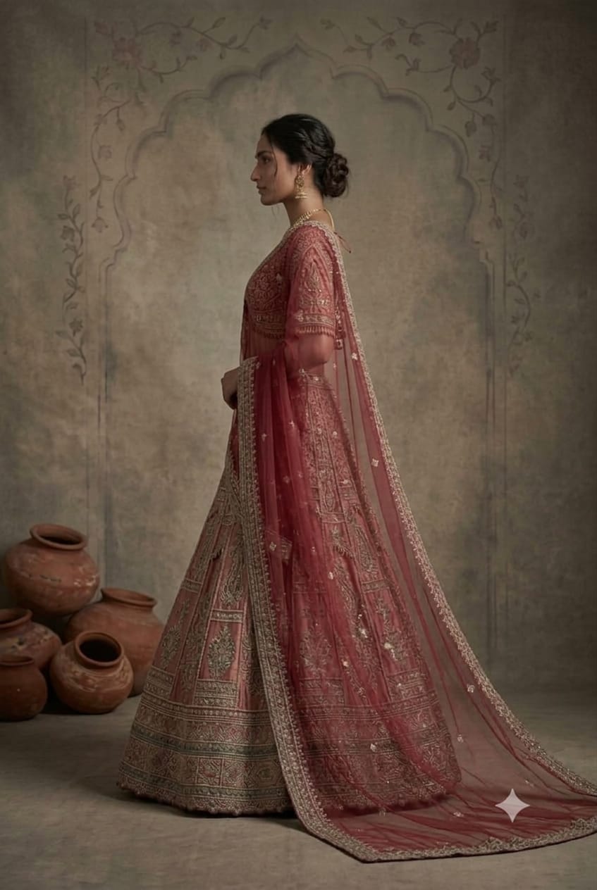 Royal Dusty Rose Raw Silk Embroidered Lehenga