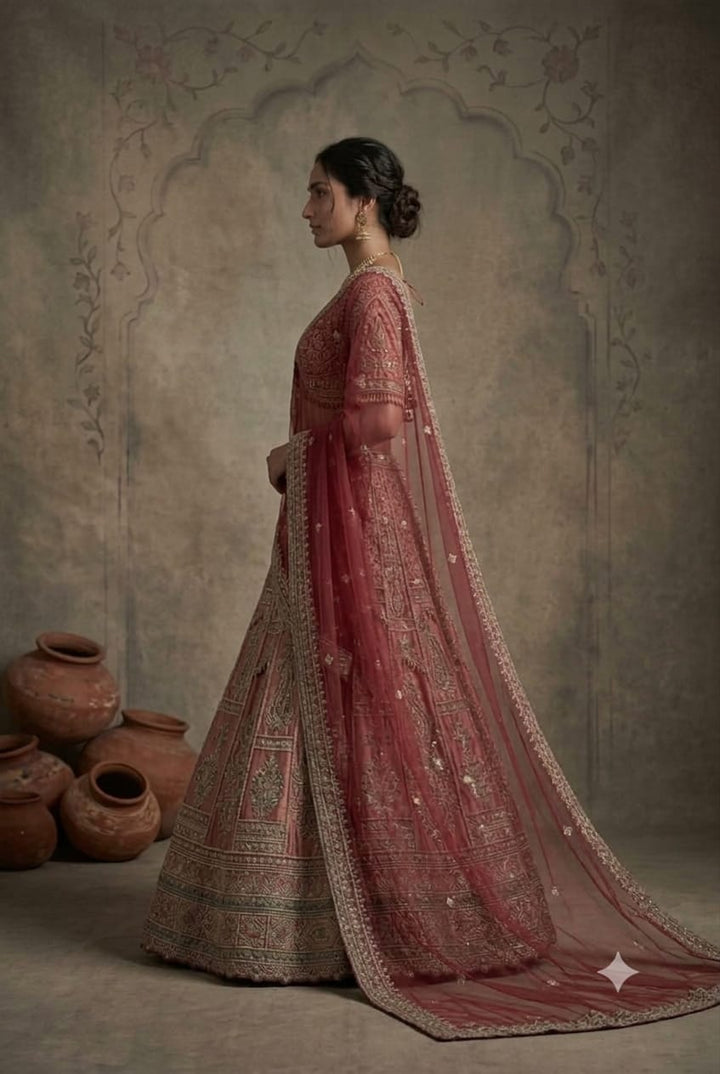 Royal Dusty Rose Raw Silk Embroidered Lehenga