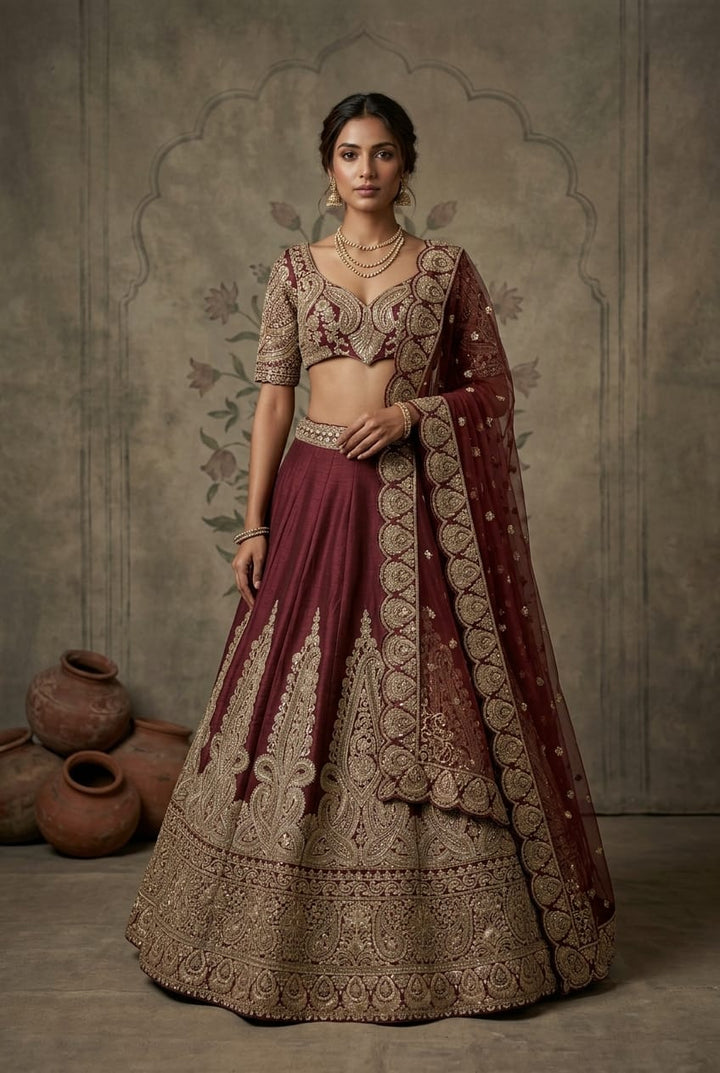 Royal Wine Raw Silk Bridal Lehenga Set