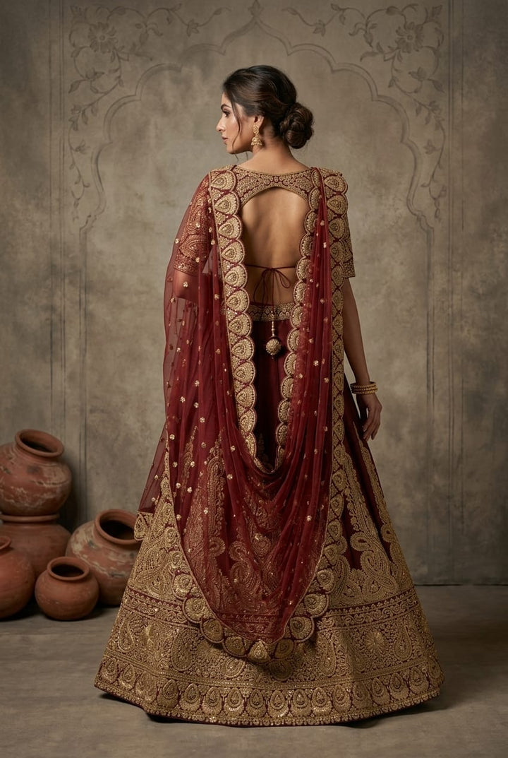 Royal Wine Raw Silk Bridal Lehenga Set