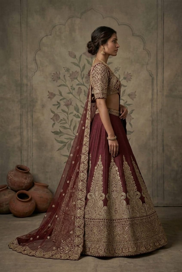 Royal Wine Raw Silk Bridal Lehenga Set