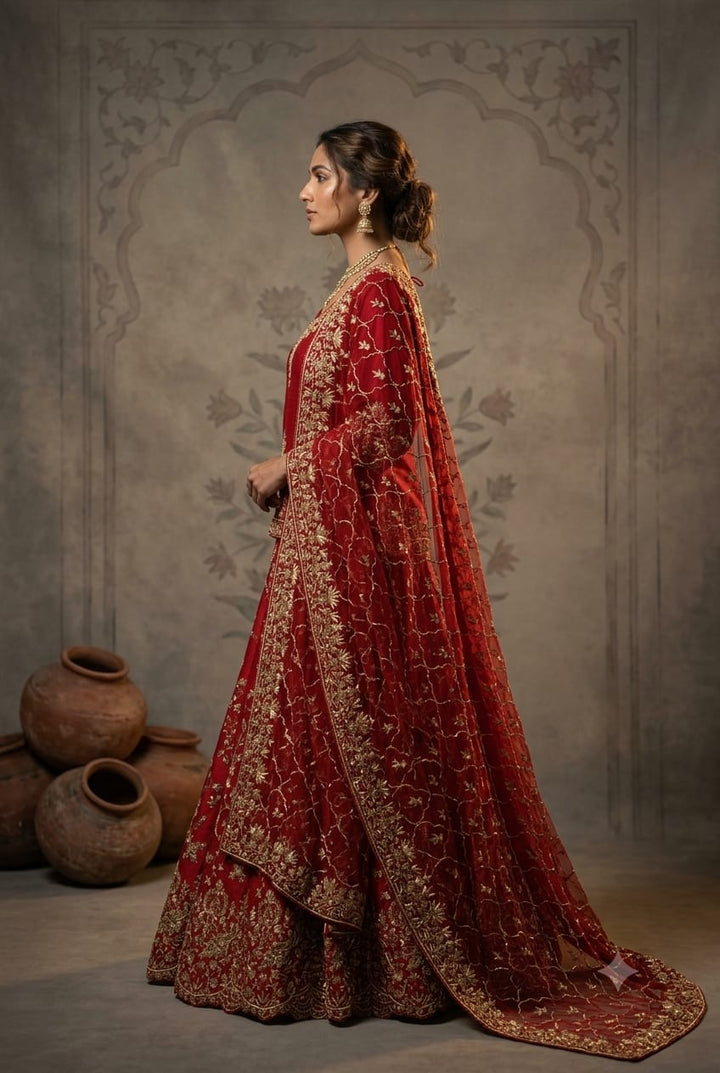 Premium Raw Silk Cherry Red Short Kurti Lehenga For a Regal Work
