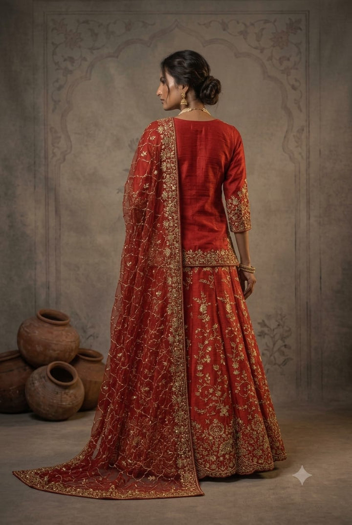 Premium Raw Silk Cherry Red Short Kurti Lehenga For a Regal Work