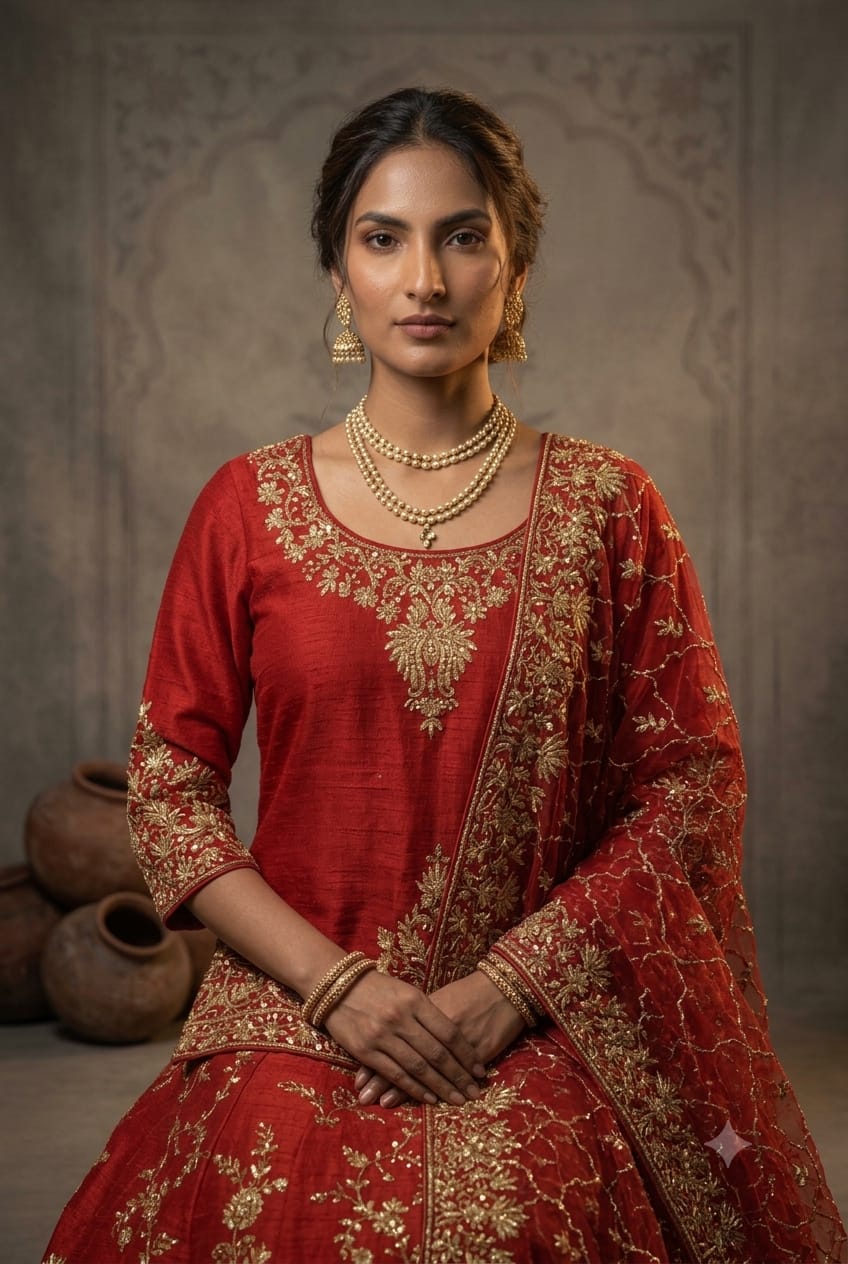 Premium Raw Silk Cherry Red Short Kurti Lehenga For a Regal Work