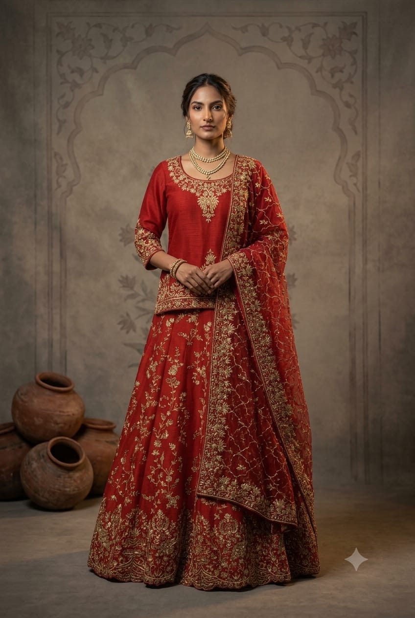 Premium Raw Silk Cherry Red Short Kurti Lehenga For a Regal Work