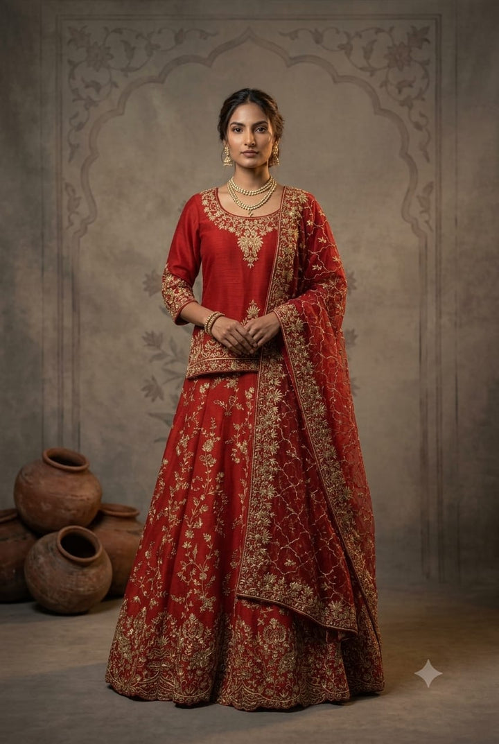Premium Raw Silk Cherry Red Short Kurti Lehenga For a Regal Work