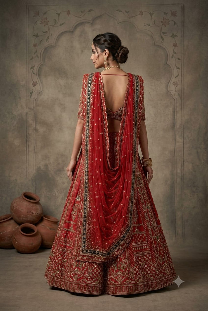 Coral Pink Raw Silk Kurti With Lehenga And Pearl Work