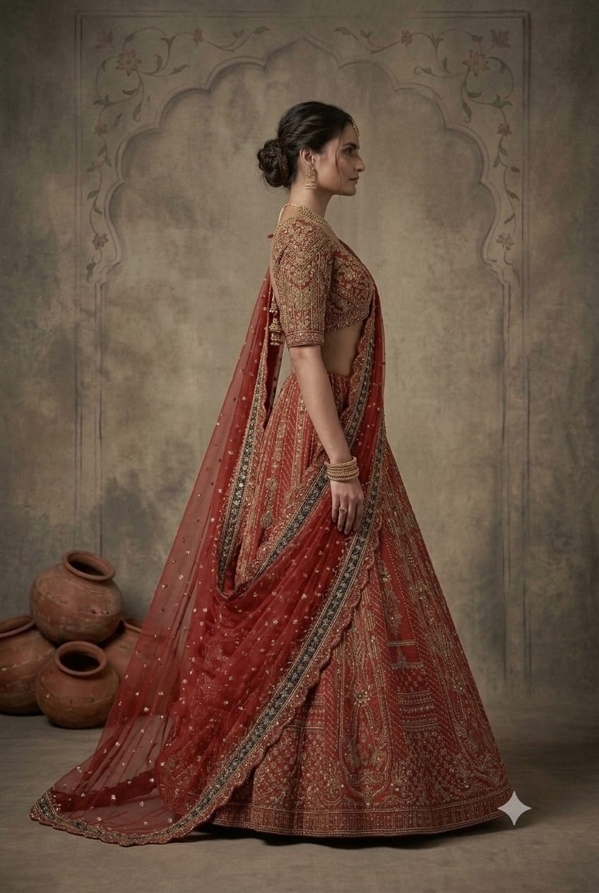 Coral Pink Raw Silk Kurti With Lehenga And Pearl Work