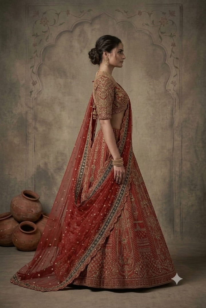 Coral Pink Raw Silk Kurti With Lehenga And Pearl Work