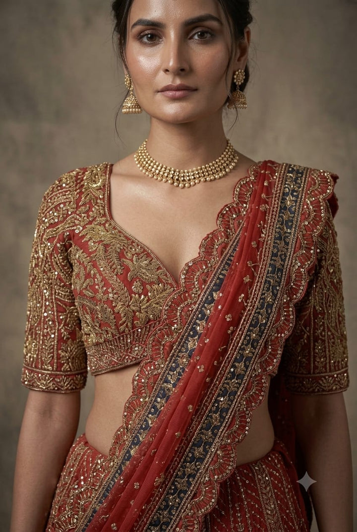 Coral Pink Raw Silk Kurti With Lehenga And Pearl Work