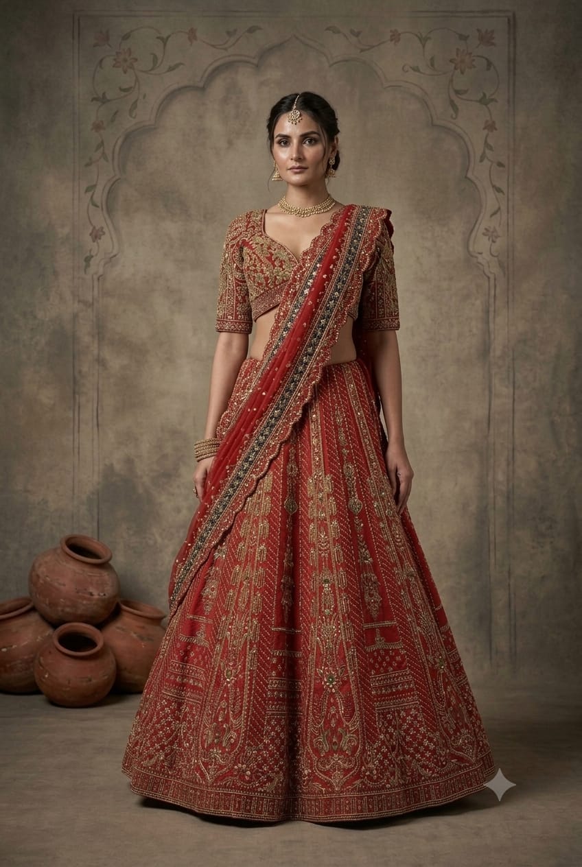 Coral Pink Raw Silk Kurti With Lehenga And Pearl Work