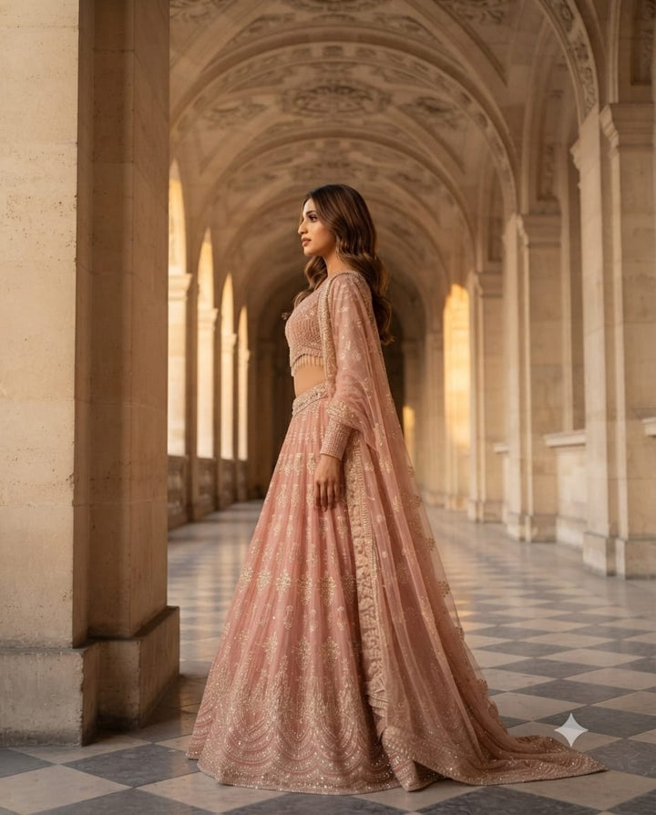 Dusty Rose Pink Soft Net Lehenga