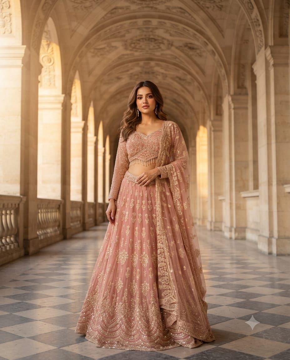 Dusty Rose Pink Soft Net Lehenga