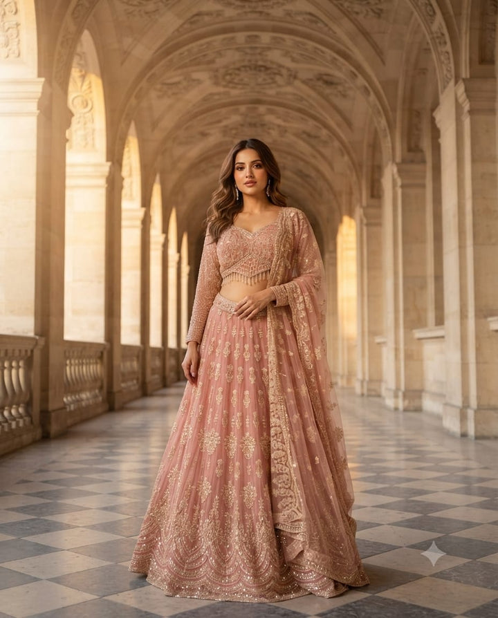 Dusty Rose Pink Soft Net Lehenga