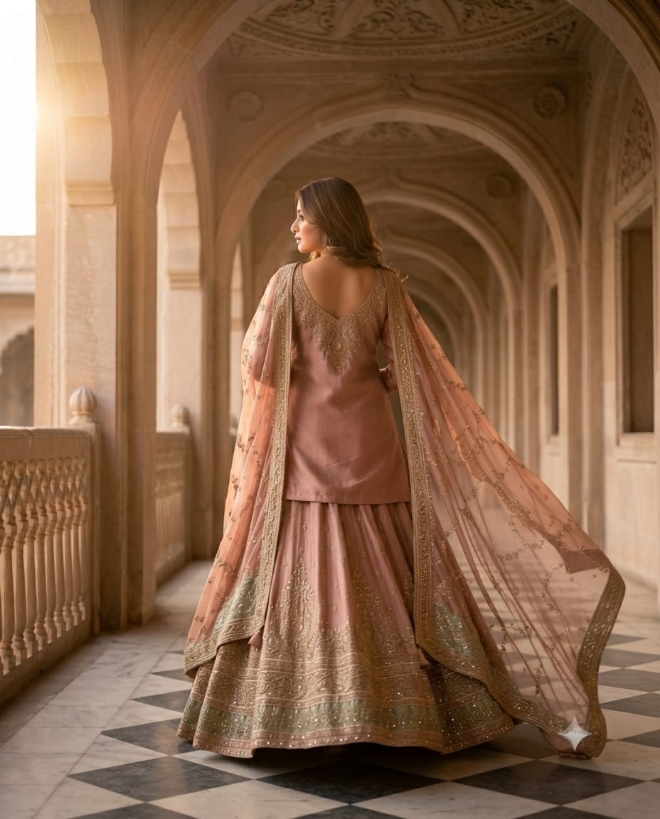 Royal Onion Pink Short Kurti With Lehenga With Kundan Zari Work