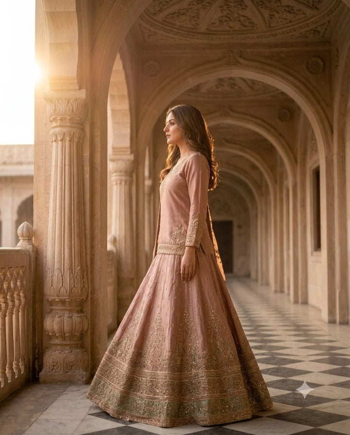 Royal Onion Pink Short Kurti With Lehenga With Kundan Zari Work