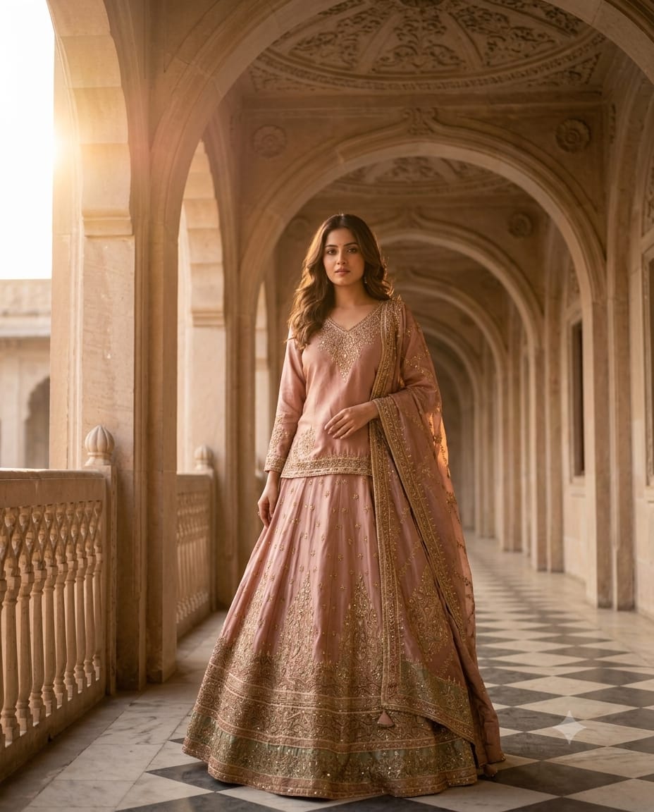 Royal Onion Pink Short Kurti With Lehenga With Kundan Zari Work