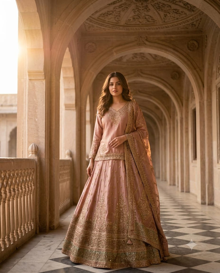 Royal Onion Pink Short Kurti With Lehenga With Kundan Zari Work