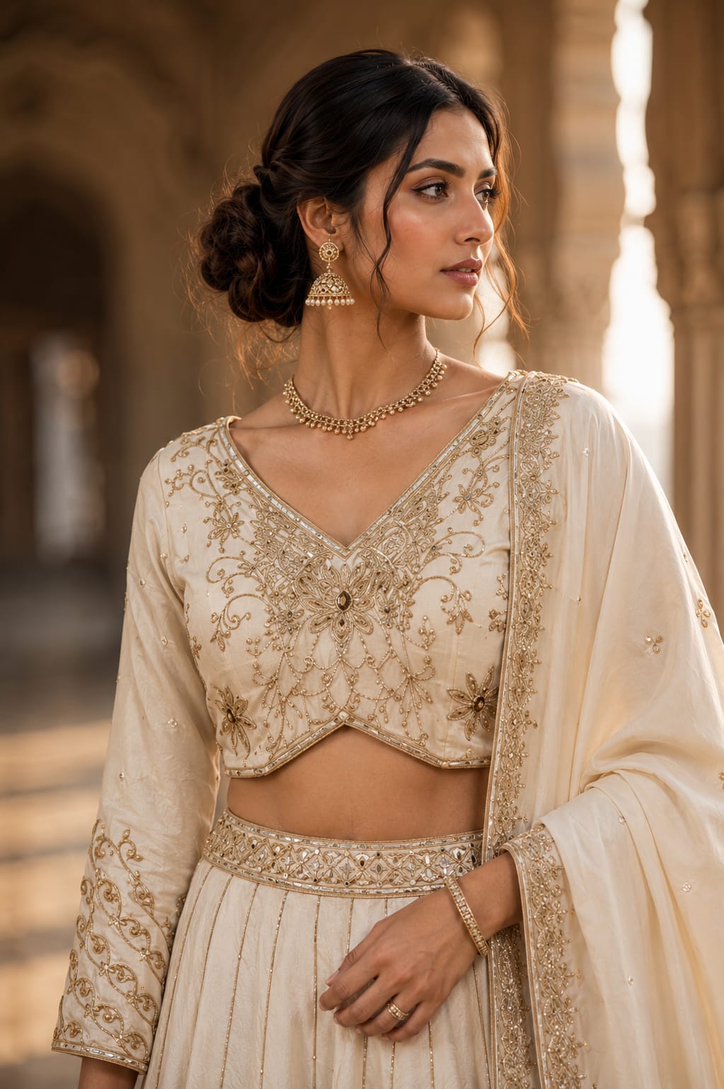 Ivory floral crop top lehenga