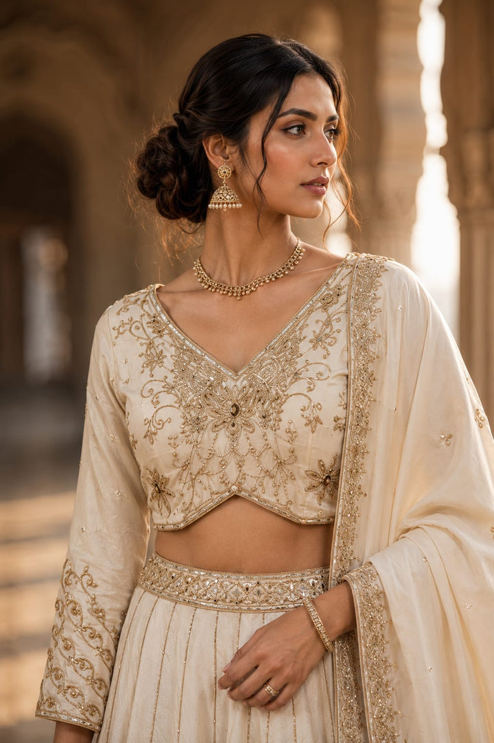 Ivory floral crop top lehenga
