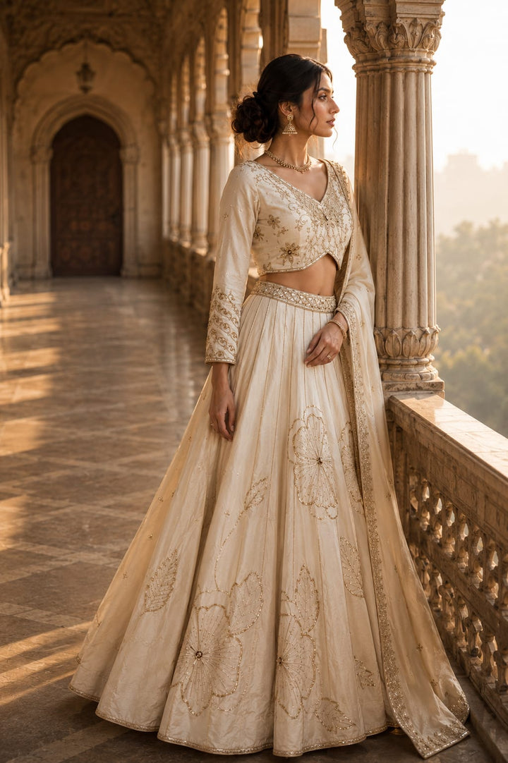 Ivory floral crop top lehenga