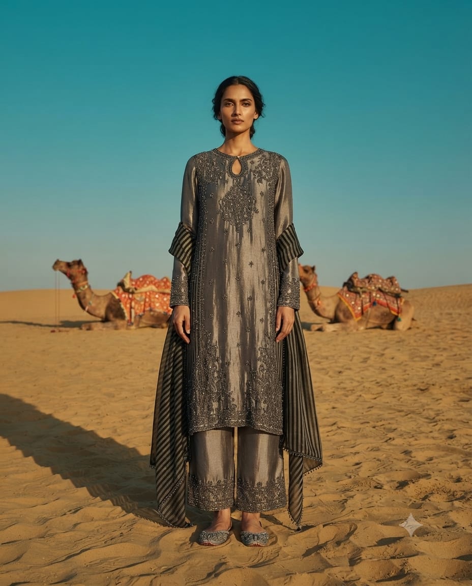 Premium Raw Silk Suit With Heavy Beadswork, Sequins & Zari Embroidery.